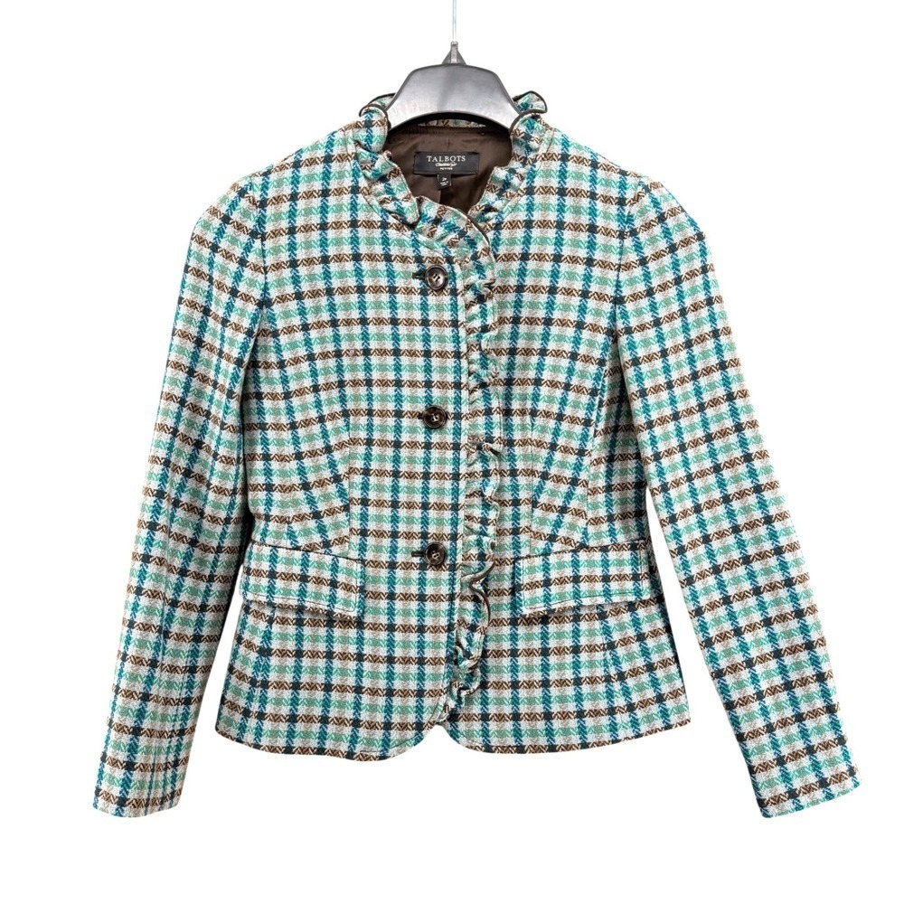 Talbots 100% Wool Blazer Women 2P Pre-Owned Plaid Blue Ruffle Elbow Patch Jacket - Picture 2 of 11